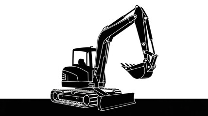 A black and white silhouette illustration of a mini excavator on a solid black ground.