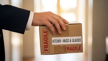Professional holding fragile cardboard box labeled for kitchen mugs and glasses