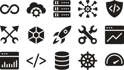 Technology Development Icon Silhouette Vector Set, Coding Server Cloud Gear Symbols Collection Isolated On White Background