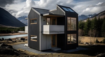 Modern Black House in Dramatic Mountain Landscape with Lake