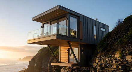 Modern Cliffside Cabin with Ocean Views at Sunset