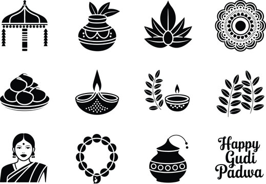 Indian Hindu Festival Icon Silhouette Vector Set, Diya Lotus Kalash Symbols Collection Isolated On White Background