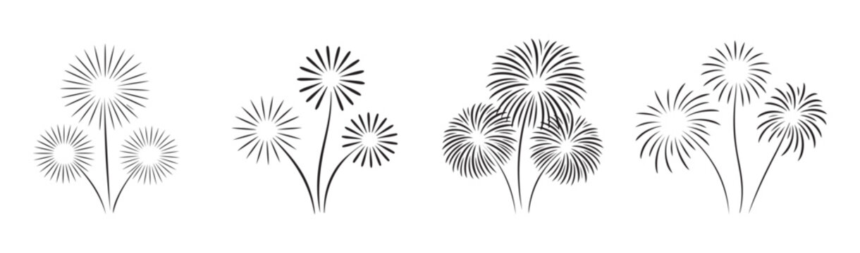 Fireworks blast icon set. Various spark explosion sign collection. Celebrating pyrotechnic burst symbols isolated