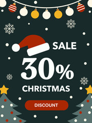 Flat Christmas sale banner with 30% discount text, Santa hat, snowflakes, and festive decorations. Ideal for online store promotions, holiday campaigns, and winter sales marketing.