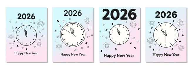 Set of Clean and modern Happy New Year 2026 poster with bold typography, clock illustration, and festive elements. Perfect for elegant New Year promotions.