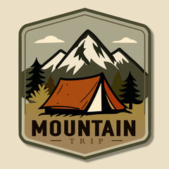 Mountain Trip Camping Vintage Badge Illustration. Vintage-style mountain trip badge featuring camping tent, forest, and snow mountains. Perfect for outdoor adventure and travel branding.