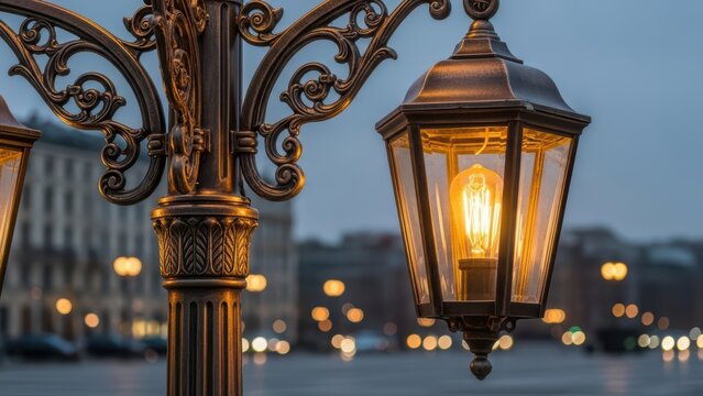 Elegant vintage street lamp with glowing bulb in evening cityscape setting - Powered by Adobe
