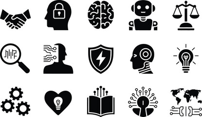 Artificial Intelligence Cyber Security Icon Silhouette Vector Set, Brain Shield Robot Tech Symbols Collection Isolated On White Background