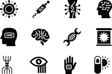 Human Anatomy Science Icon Silhouette Vector Set, Brain DNA Organ Research Symbols Collection Isolated On White Background