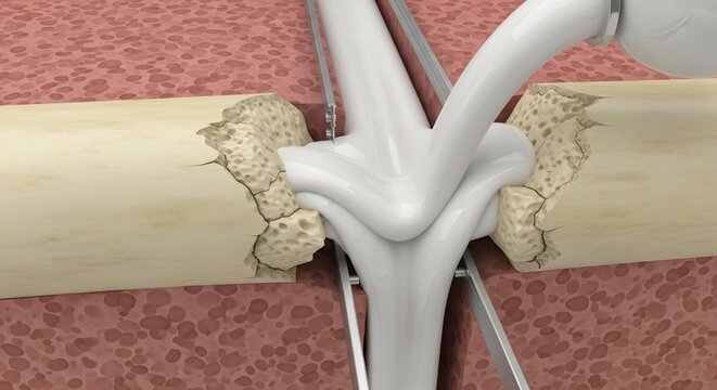 Medical illustration of bone fracture repair with cement and internal fixation.