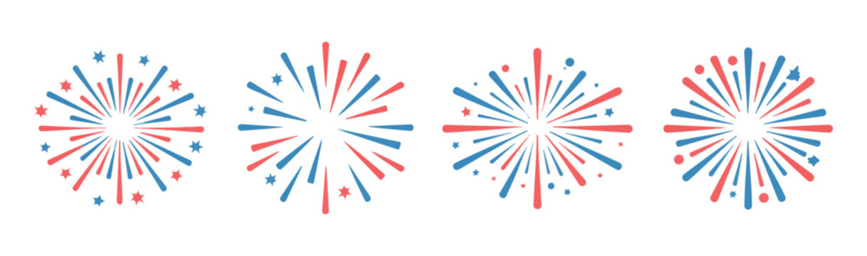 Red and blue fireworks icon set with stars. firework burst. celebration pictogram. festival salute on white background