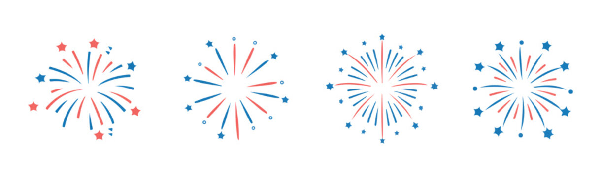 Set of four colorful fireworks in red and blue, bursting on a white background, festive party celebration decoration