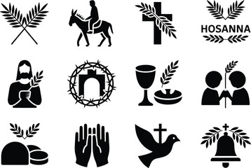 Christian Religion Icon Silhouette Vector Set, Palm Cross Dove Church Symbols Collection Isolated On White Background