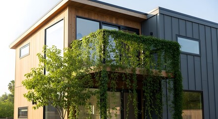 Modern House with Vertical Wood Siding, Dark Metal Facade, and Greenery Balcony