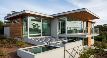 Modern Luxury Home Architecture with Water Features and Wood Siding