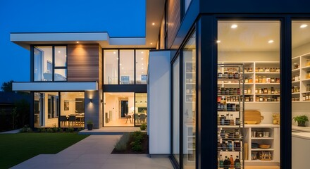 Modern Luxury Home Exterior at Dusk with Illuminated Interior and Pantry