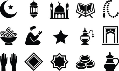 Islamic Cultural Icon Silhouette Vector Set, Prayer Mosque Ramadan Symbols Collection Isolated On White Background