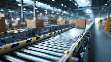Medium shot of a dynamic cargo conveyor system operated by robots main components in clear focus against a blurred warehouse environment illustrating seamless automated sorting.