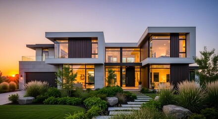 Modern Luxury Home Exterior at Sunset with Warm Interior Lights and Landscaping