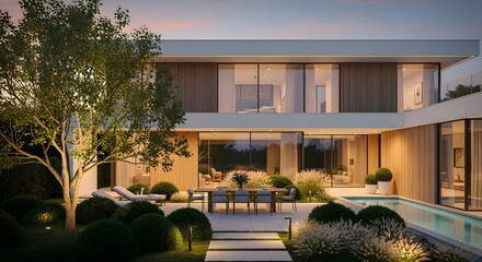 Modern Luxury Home Exterior with Infinity Pool and Outdoor Dining at Dusk