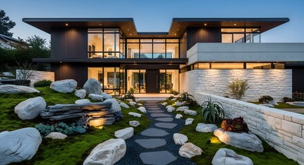 Modern Luxury Home Exterior with Zen Garden Landscape at Dusk