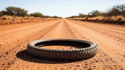 Abandoned tire on a dirt road in a desolate landscape under sunlight.
