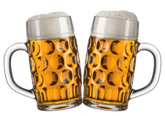 Two glasses of frothy beer yellow isolated on a transparent background