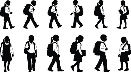 School children silhouettes walking with backpacks showing boys and girls students in uniform isolated on white background education lifestyle concept