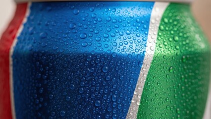 Close-up of a colorful, refreshing beverage can with condensation.