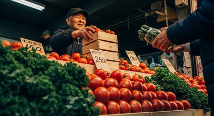Elderly vendor smiling while selling fresh red tomatoes and green leafy vegetables to a customer at a bustling market stall.