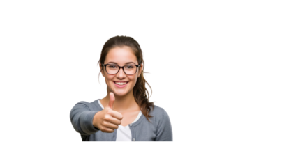 Smiling woman gives thumbs up