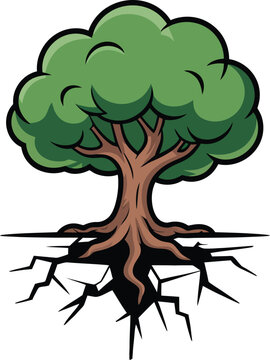 Tree growing out of cracked earth with green leaves and strong roots