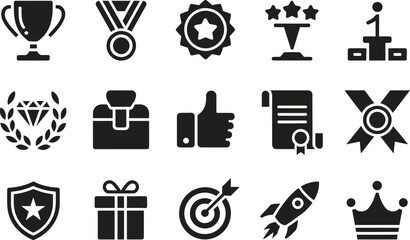 Business Success Target Icon Silhouette Vector Set, Goal Trophy Medal Rocket Symbols Collection Isolated On White Background