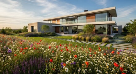 Modern Luxury Home with Wildflower Garden and Sunset Light