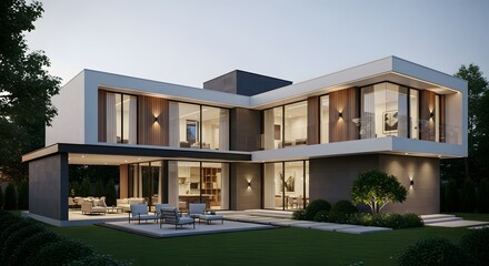 Modern Luxury House Exterior at Dusk with Architectural Lighting