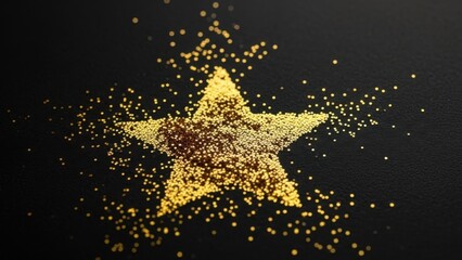 Golden star shape made of glitter on black background.