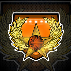 Basketball ball inside of star in center of golden wreath. Sport element for any team or competition