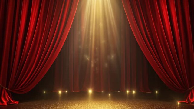 Cinematic theater stage background featuring elegant red curtains and majestic light beams with glittering particles
