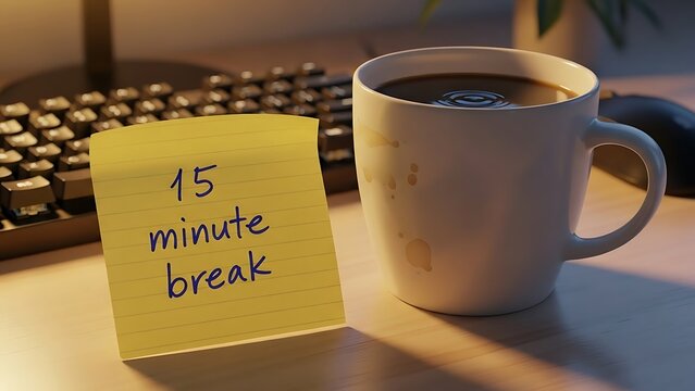A sticky note reminder for a 15 minute break next to a cup of coffee on a desk.