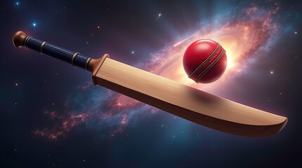 Cricket-themed artwork featuring a wooden cricket bat and a red leather cricket ball floating in mid-air with realistic wood grain and a dark blue textured grip.