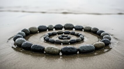 Spiral of stones on a sandy beach, artistic arrangement.