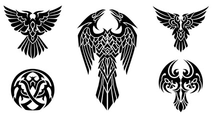 Tribal Raven Tattoo Designs Collection - Black Silhouette Vector Art