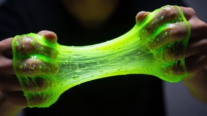 Stretchy green slime held between two hands, glowing and vibrant.