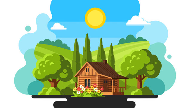 A flat vector illustration shows a cozy wooden log cabin nestled in a green landscape with leafy trees, cypress trees, and colorful flowers under a bright yellow sun in a blue sky
