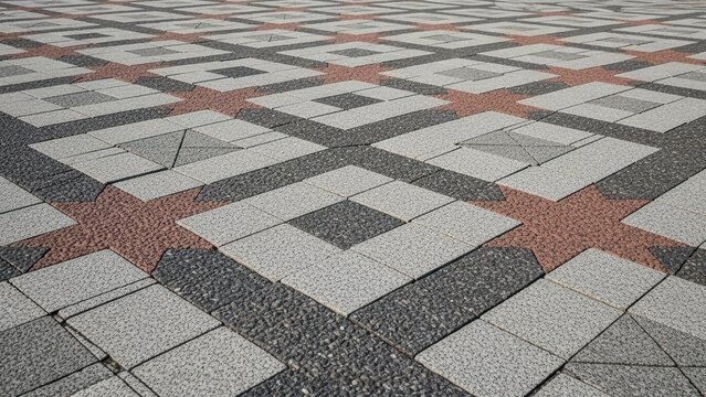 Geometric pattern of red and gray tiles in a public square - Powered by Adobe