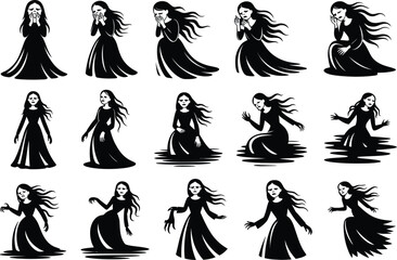 Ghost Woman Silhouette Set Vector, Scary Female Spirit Poses Collection, Halloween Horror Character Black Silhouettes Isolated On White Background