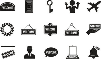 Welcome Sign Icon Set Silhouette Vector, Door Plate Key Bell Plane Travel Symbol Collection, Black Welcome Label Icons Isolated On White Background