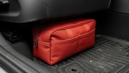 Obraz premium Red storage bag on car floor mat with black interior detailing and zipper accessory