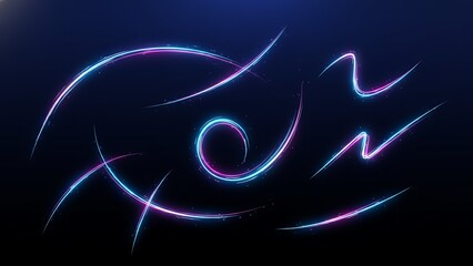 Abstract swirling neon light trails and curls on dark background