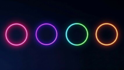 Four colorful neon circles on dark background